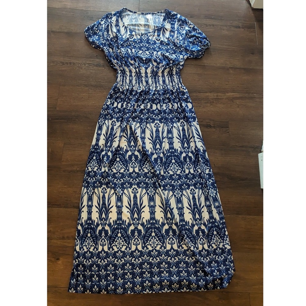 Bella Berry Blue White Medallion Print Maxi Dress Women ‎ Elastic Waist